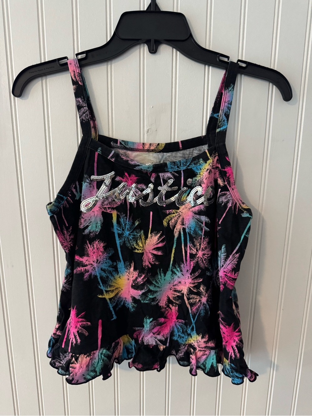 Justice Girls Black Tank Top with Neon Palm Print